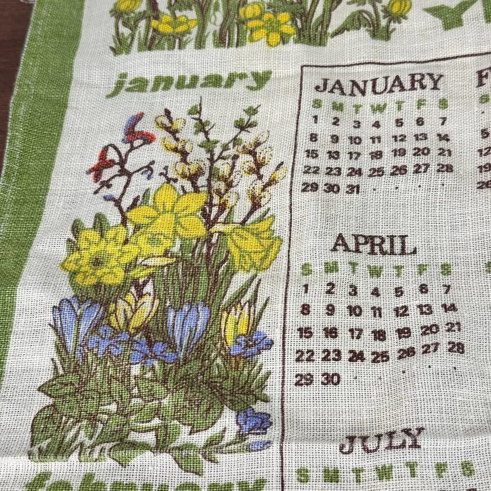 Vintage 1984 Calendar Towel Irish Linen Leap Year Floral 18x28